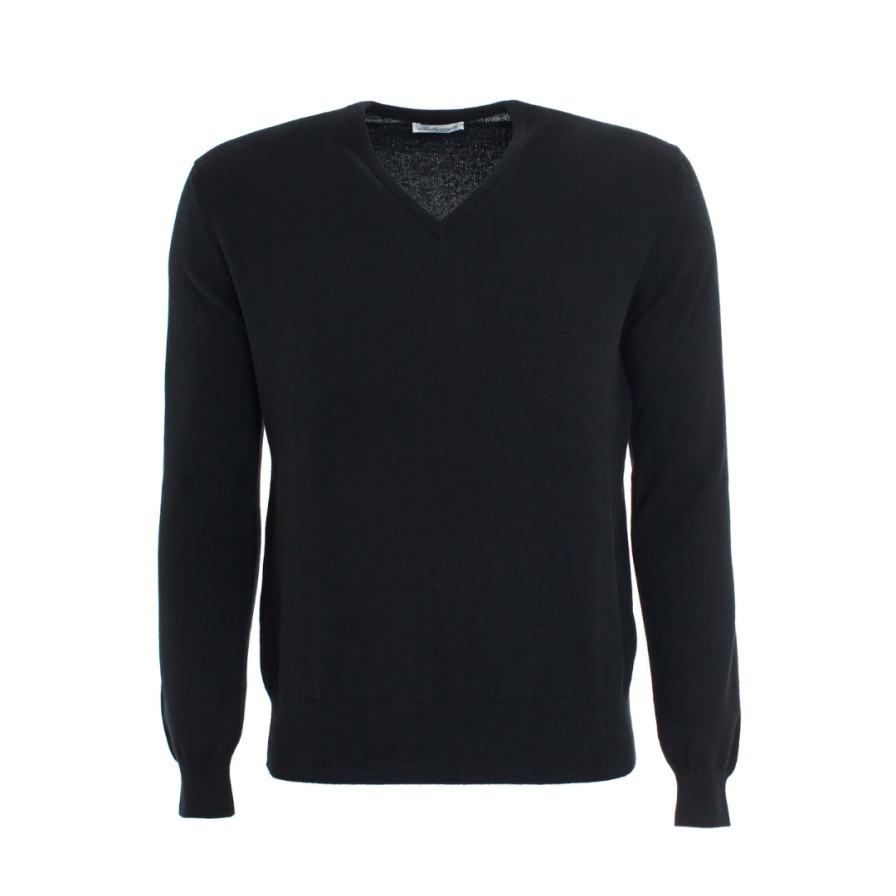 Leathersmith of London Knitwear | Cashmere Vee Neck Sweater - Black