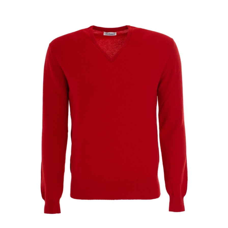 Leathersmith of London Knitwear | Cashmere Vee Neck Sweater - Cardinal