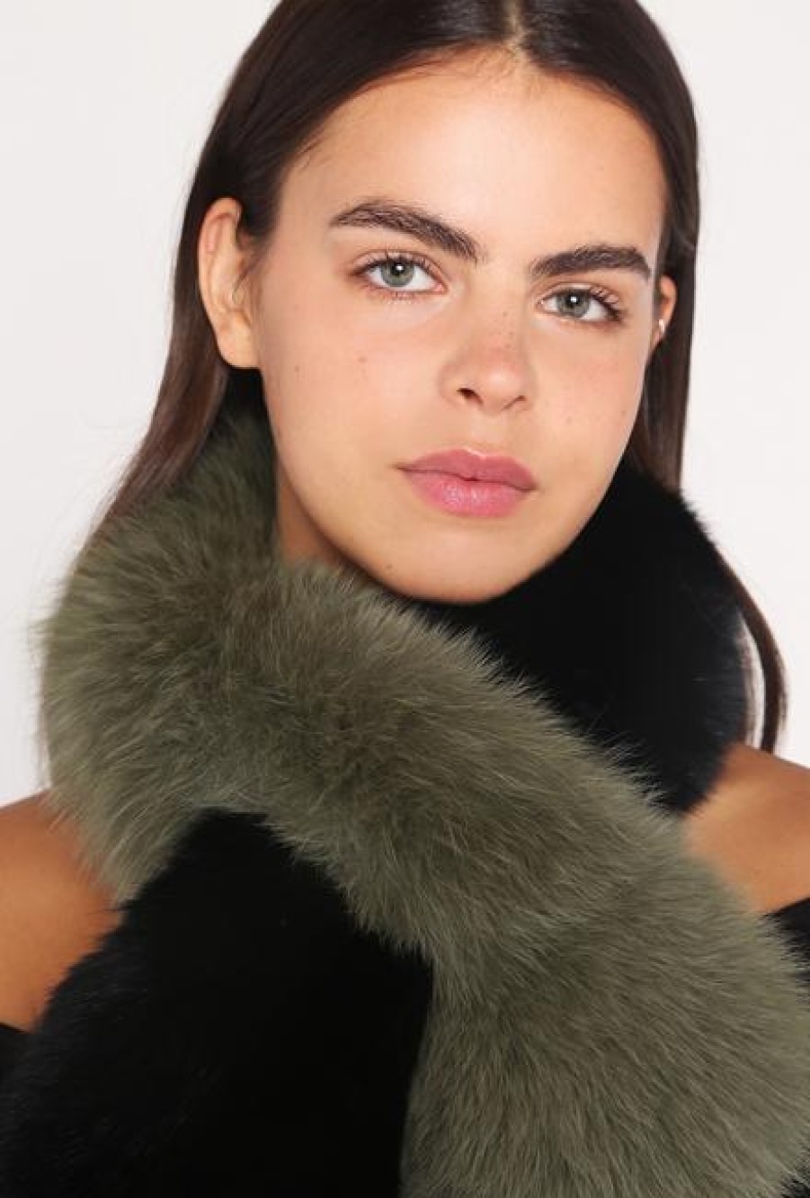 Charlotte Simone Scarves | Polly Pop Faux Fur Scarf - Black & Khaki