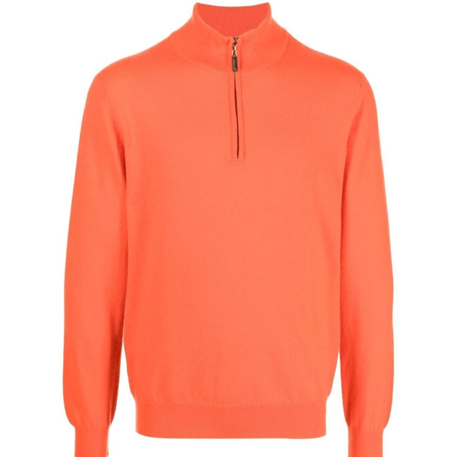 Leathersmith of London Knitwear | Zipped Cashmere Turtleneck - Orange