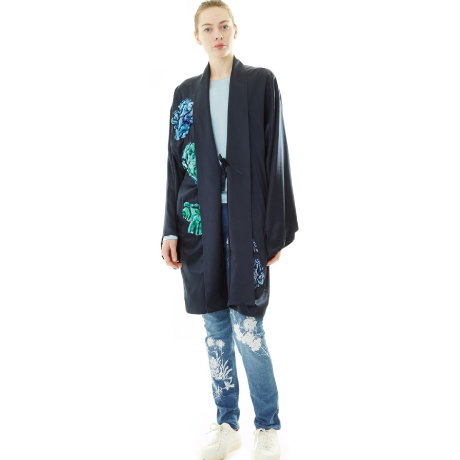 Alice Archer Jackets | Elfreida Silk Short Kimono - Navy