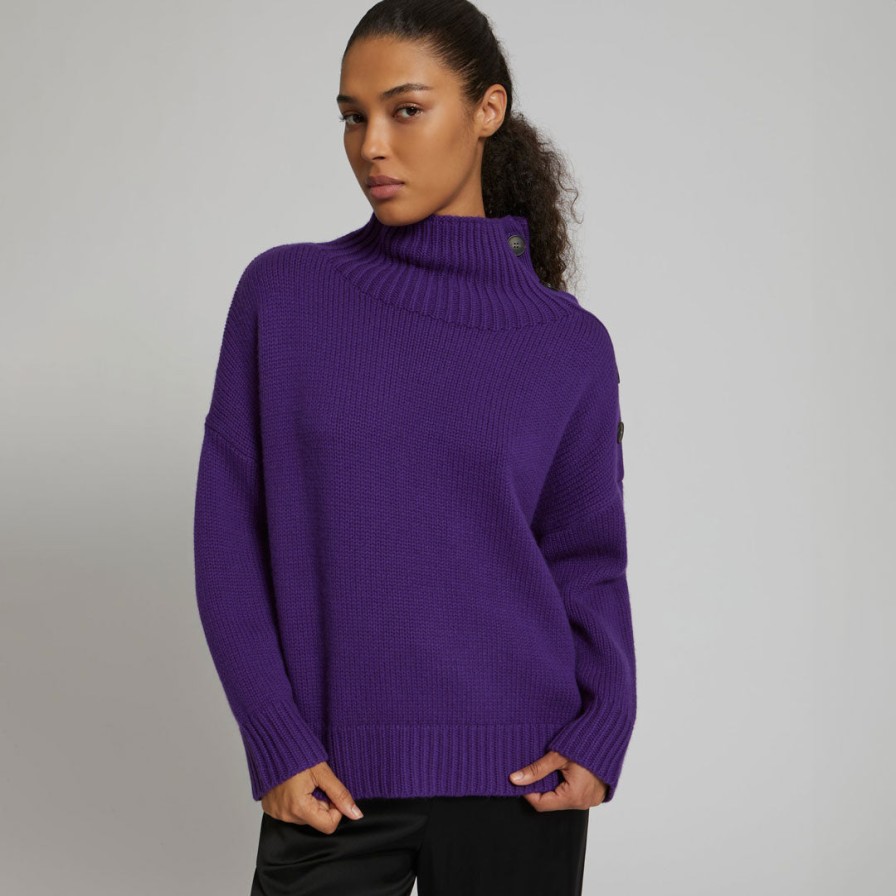 YVES SALOMON Knitwear | High Neck Button Cashmere Wool Knit Jumper Purple