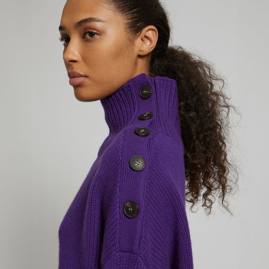 YVES SALOMON Knitwear | High Neck Button Cashmere Wool Knit Jumper Purple