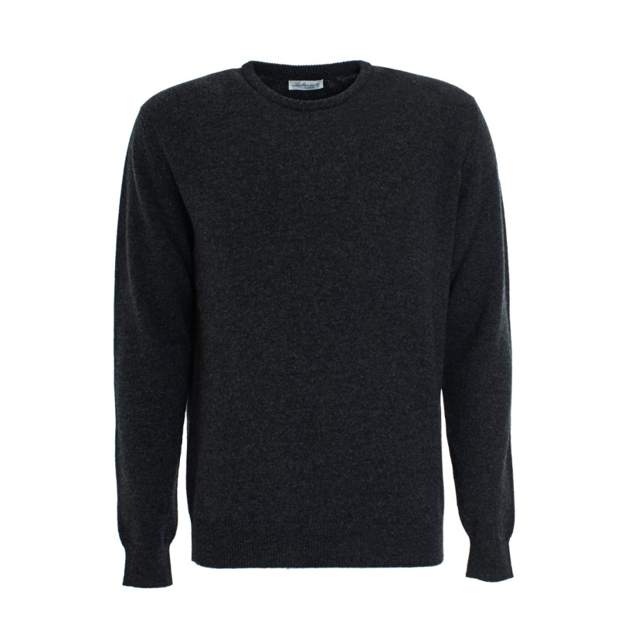 Leathersmith of London Knitwear | Charcoal Wool Round Neck Sweater