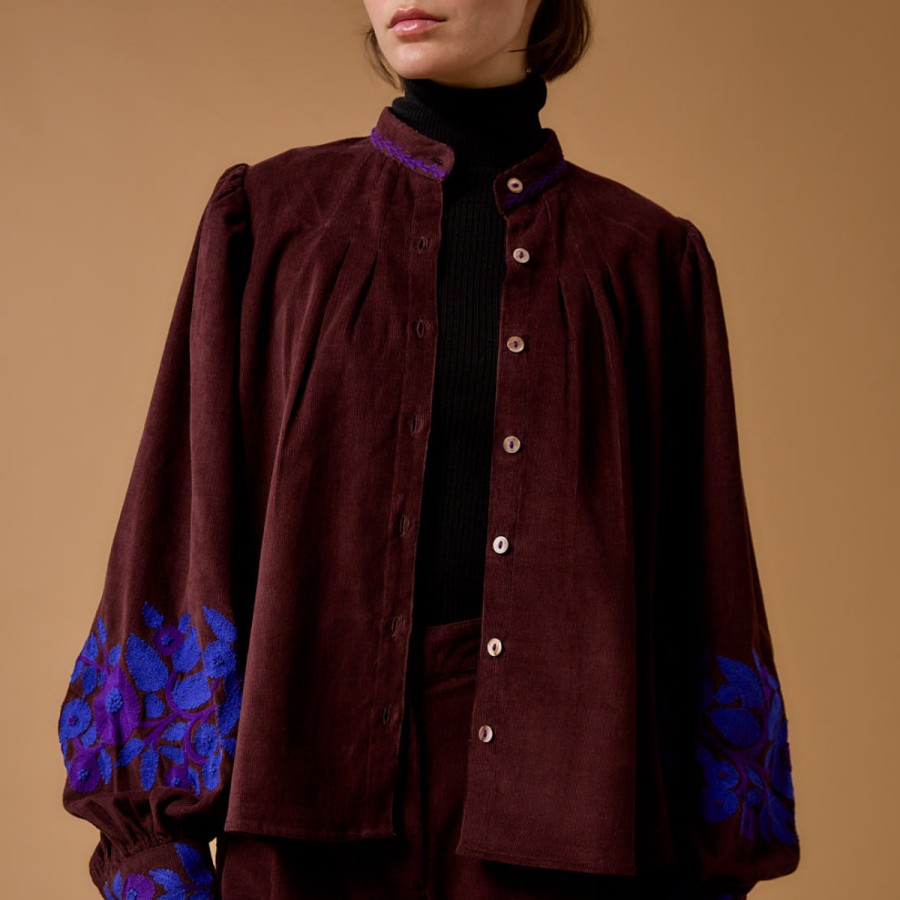 THIERRY COLSON Tops | Yana Embroidered Blouse Chocolate