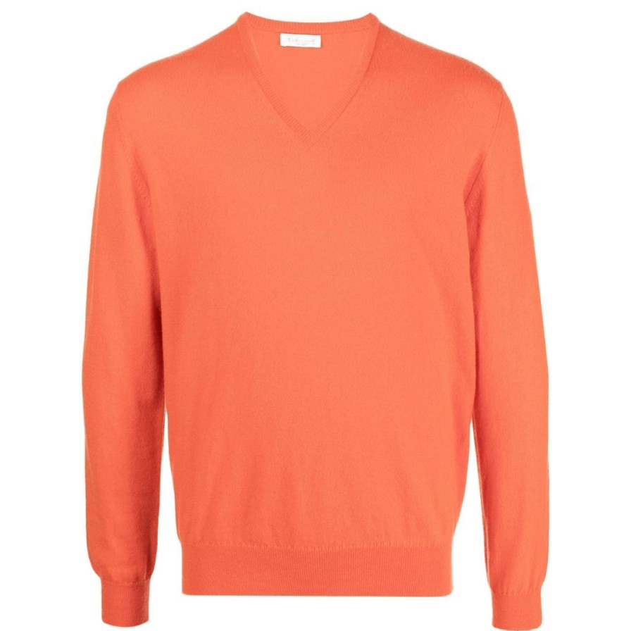 Leathersmith of London Knitwear | Cashmere Vee Neck Sweater - Orange