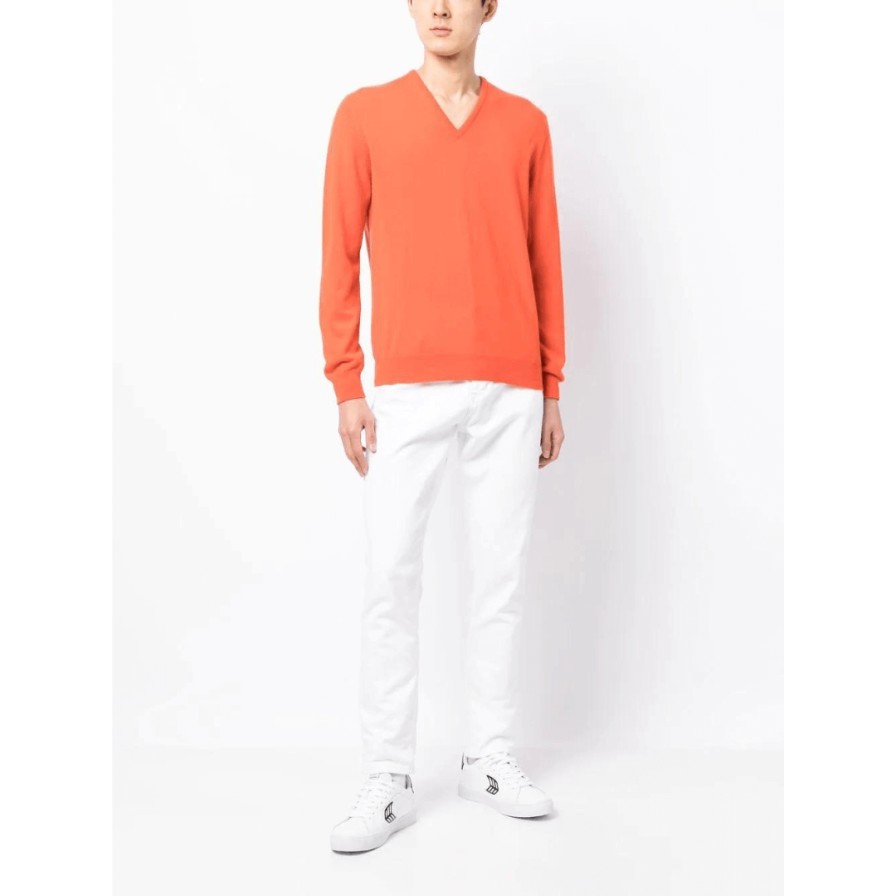 Leathersmith of London Knitwear | Cashmere Vee Neck Sweater - Orange