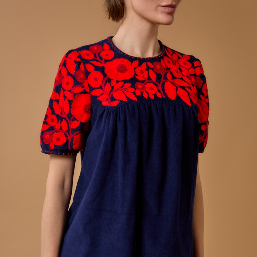 THIERRY COLSON Tops | Olympia Embroidered Blouse Navy/Red