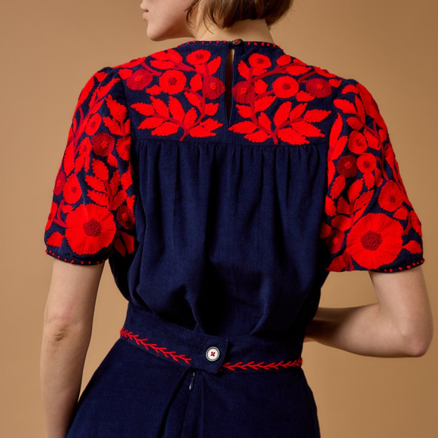 THIERRY COLSON Tops | Olympia Embroidered Blouse Navy/Red