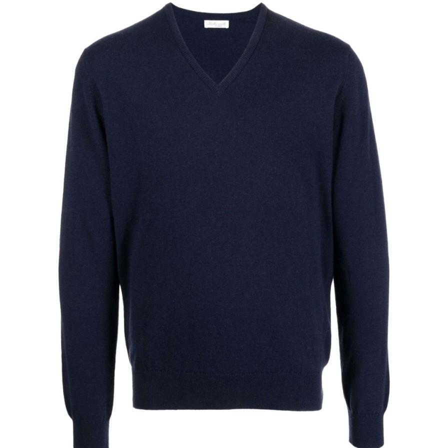 Leathersmith of London Knitwear | Cashmere Vee Neck Sweater - Navy