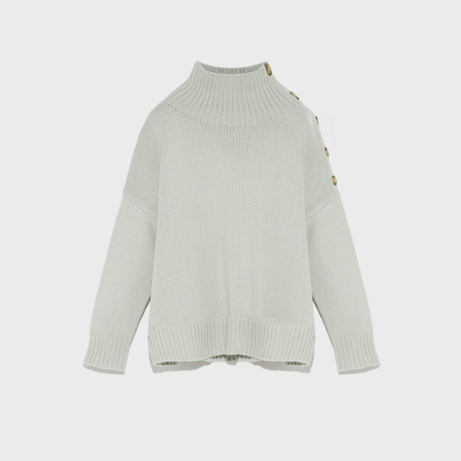 YVES SALOMON Knitwear | High Neck Button Cashmere Wool Knit Sage